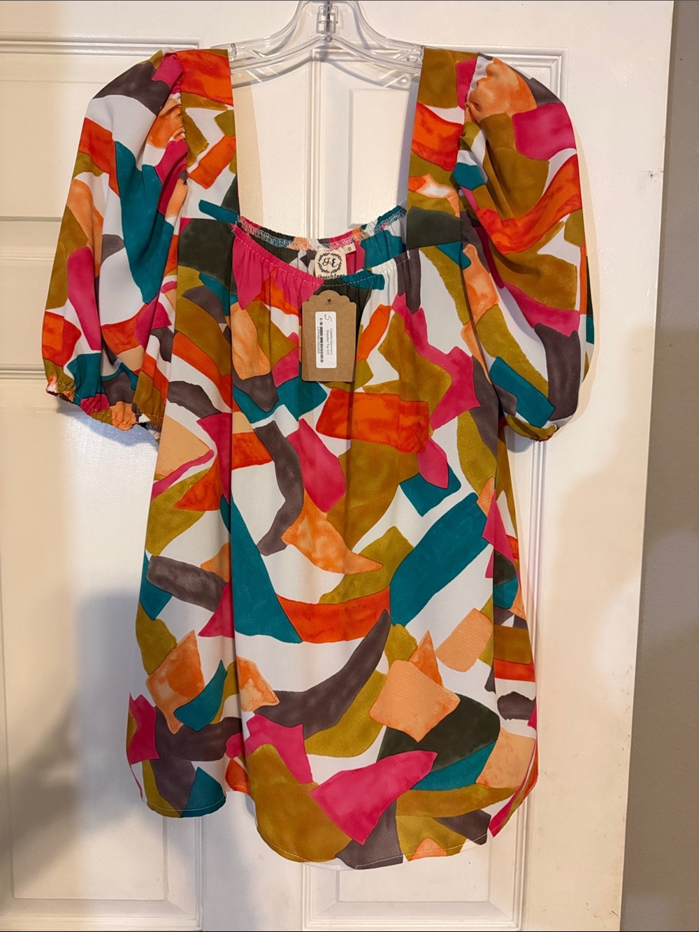 Colorful Abstract Puff-Sleeve Women’s Top — Multicolor